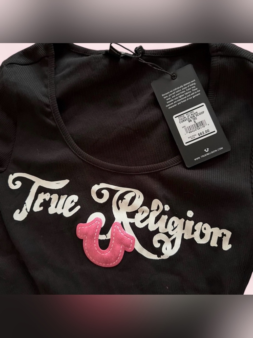 True Religion Black Scoop Neck Tee with Pink Horseshoe Patch